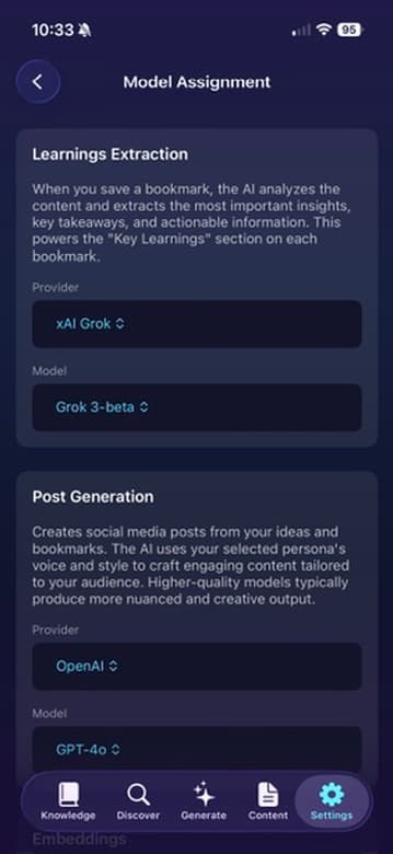 Postiller Model Assignment settings for AI provider selection