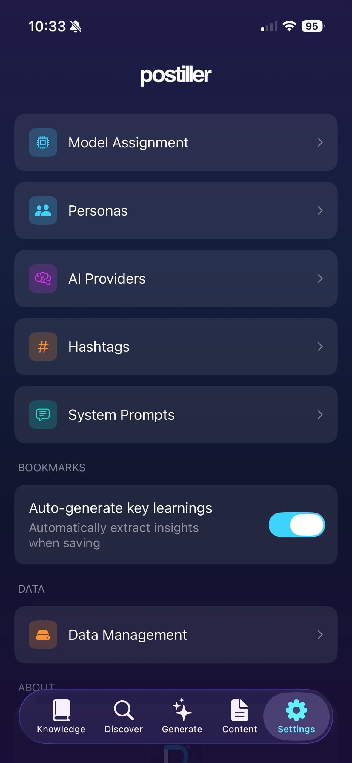 Postiller Settings overview with customization options